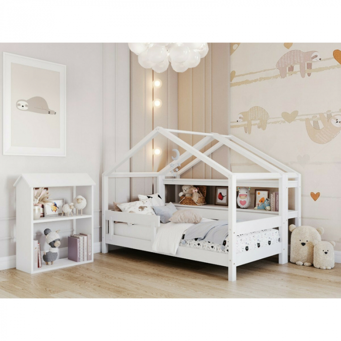 Patut tip casuta din lemn junior, 160x80 cm, Din lemn certificat FSC, Transformabil in casuta de joaca, Cu bariera de protectie, In stil scandinav, Alb, YappyKids, YappyHytte Bed [5]