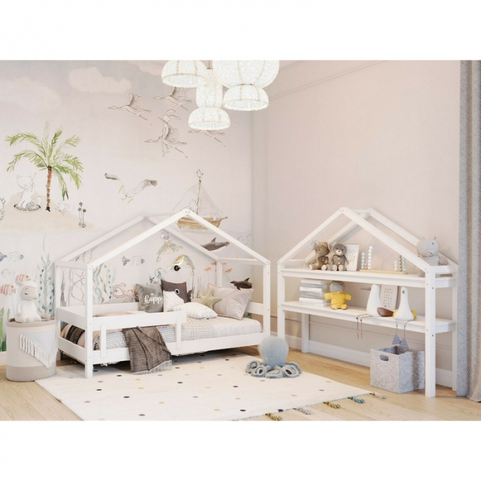 Patut tip casuta din lemn junior, 160x80 cm, Din lemn certificat FSC, Transformabil in casuta de joaca, Cu bariera de protectie, In stil scandinav, Alb, YappyKids, YappyHytte Bed [6]