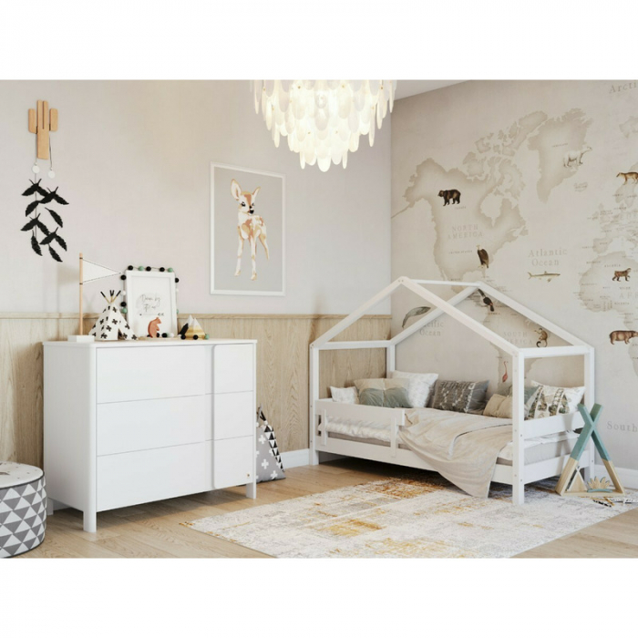 Patut tip casuta din lemn junior, 160x80 cm, Din lemn certificat FSC, Transformabil in casuta de joaca, Cu bariera de protectie, In stil scandinav, Alb, YappyKids, YappyHytte Bed [7]