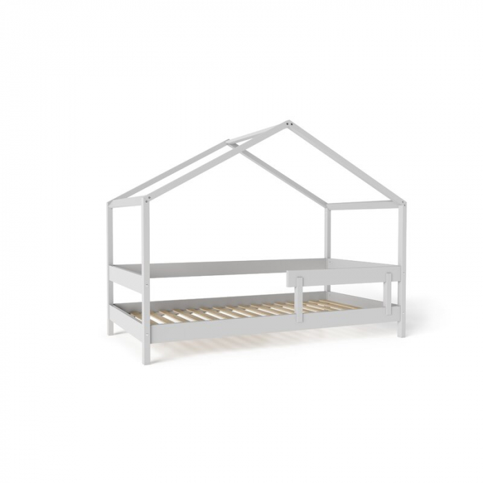 Patut tip casuta din lemn junior, 160x80 cm, Din lemn certificat FSC, Transformabil in casuta de joaca, Cu bariera de protectie, In stil scandinav, Gri, YappyKids, YappyHytte Bed [8]