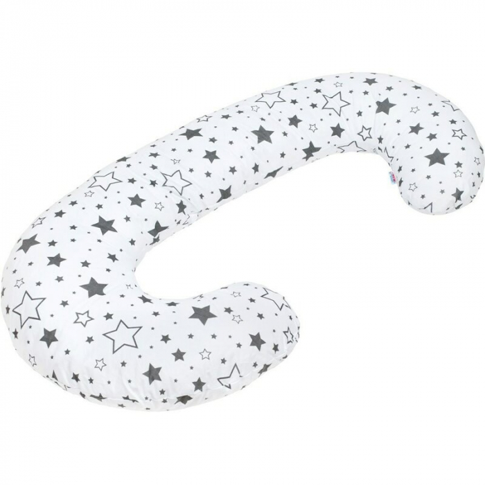 Perna alaptare, New Baby, Cu husa detasabila, In forma de C, Bumbac, Diametru 16 cm, Lungime in jurul circumferintei 285 cm, Stars White/Grey [1]