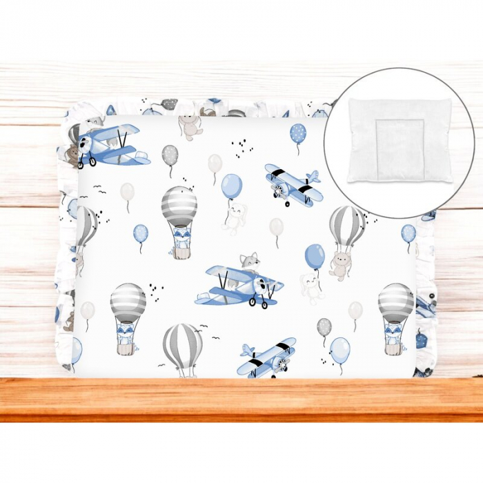Perna clasica de dormit, MimiNu, Cu volanas, Cu husa detasabila cu fermoar, Din bumbac certificat Oeko Tex Standard 100, Pentru patut, carucior, balansoar, 30x40 cm, Blue Plane [2]