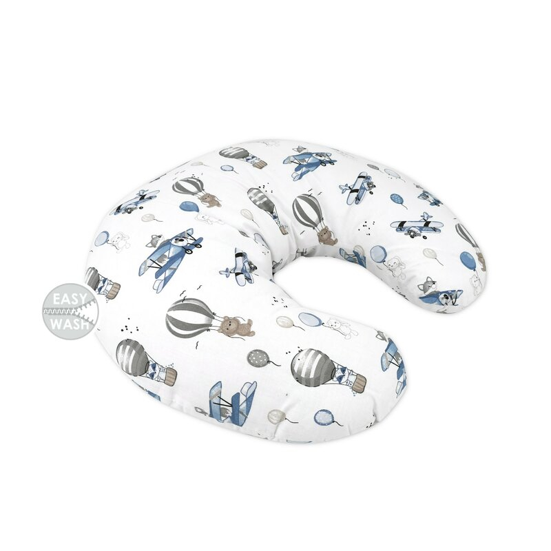 Perna pentru alaptat, MimiNu, Din bumbac certificat Oeko Tex Standard 100, Cu husa detasabila, Cu fermoar securizat, Circumferinta 155 cm, Blue Plane [1]