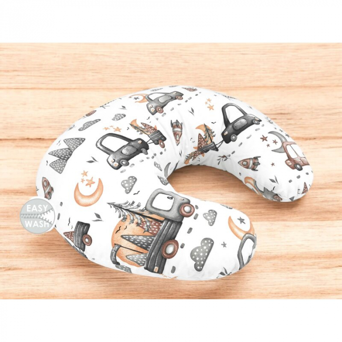 Perna pentru alaptat, MimiNu, Din bumbac certificat Oeko Tex Standard 100, Cu husa detasabila, Cu fermoar securizat, Circumferinta 155 cm, Design, Cars Grey [2]