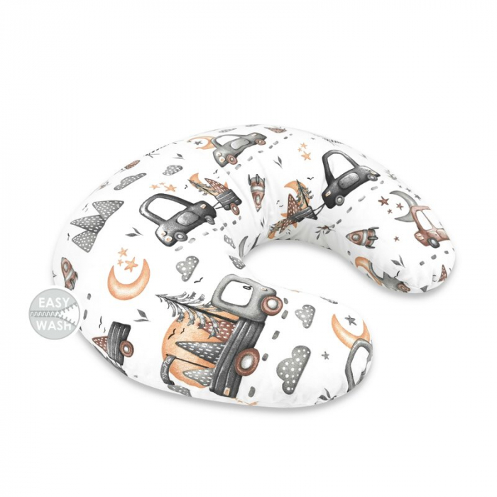 Perna pentru alaptat, MimiNu, Din bumbac certificat Oeko Tex Standard 100, Cu husa detasabila, Cu fermoar securizat, Circumferinta 155 cm, Design, Cars Grey [1]