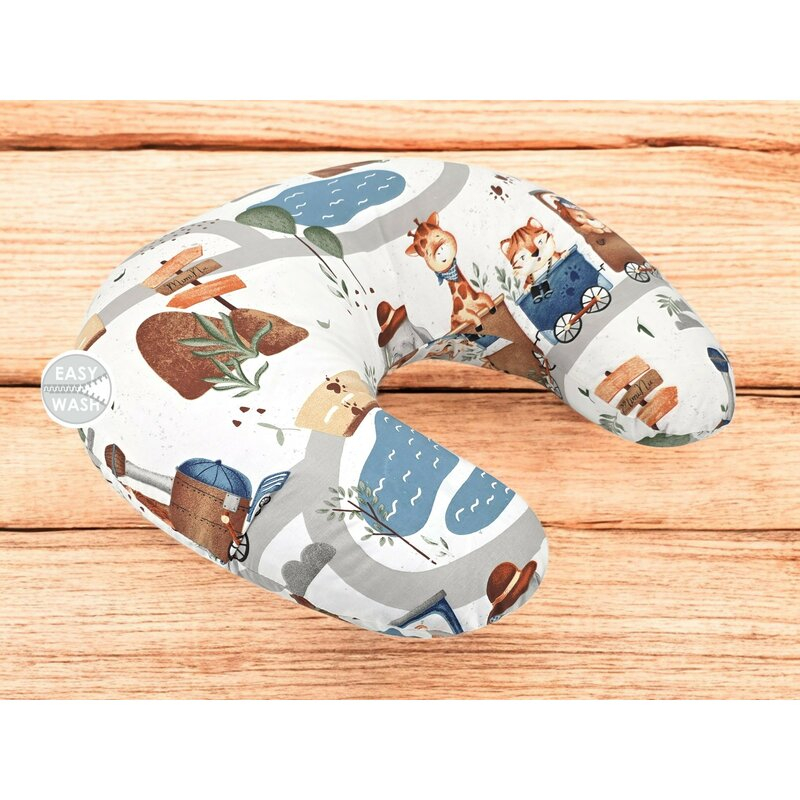 Perna pentru alaptat, MimiNu, Din bumbac certificat Oeko Tex Standard 100, Cu husa detasabila, Cu fermoar securizat, Circumferinta 155 cm, Design, Zoo in train [2]