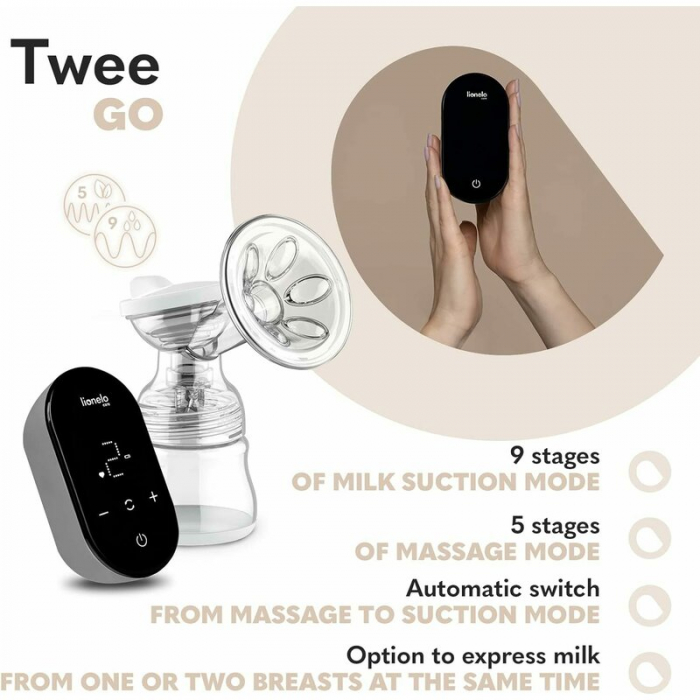 Pompa dubla de san, Lionelo, Electrica, Cu 9 nivele de aspiratie, 5 moduri de masaj, Afisaj LED, Imita suptul natural al copilului, Functionare pana la 90 min, Silentioasa, Fara BPA, Include 2 recipie [33]