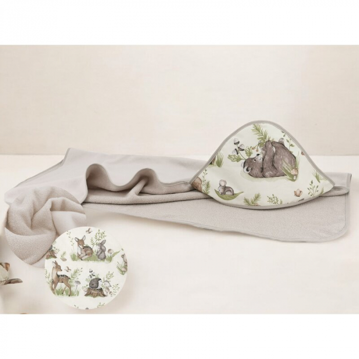 Prosop cu gluga, MimiNu, Mare, Dimensiune 100x100 cm, Din bumbac si thermo fleece, Materiale certificate Oeko Tex Standard 100, Design, Calm Forest Natural [2]