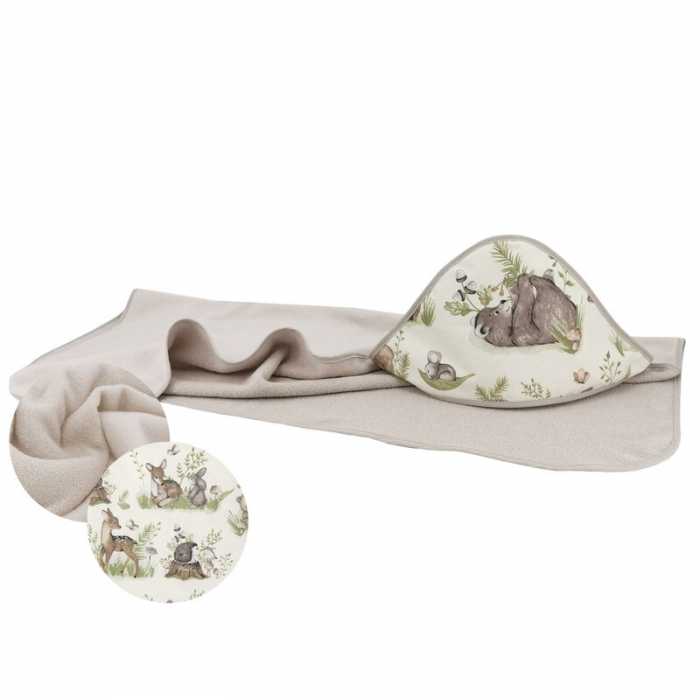 Prosop cu gluga, MimiNu, Mare, Dimensiune 100x100 cm, Din bumbac si thermo fleece, Materiale certificate Oeko Tex Standard 100, Design, Calm Forest Natural [1]