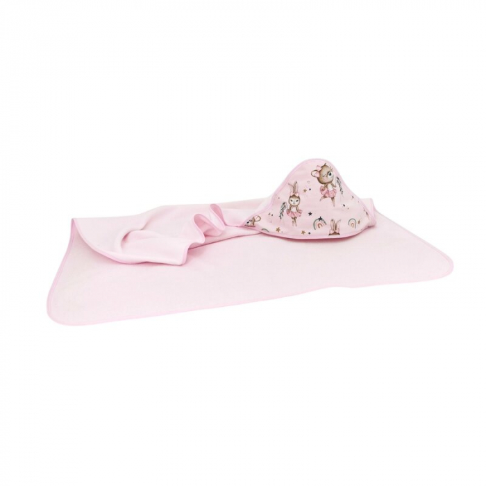 Prosop cu gluga, MimiNu, Mare, Dimensiune 100x100 cm, Din bumbac si thermo fleece, Materiale certificate Oeko Tex Standard 100, Design, Little Ballerina Pink [1]