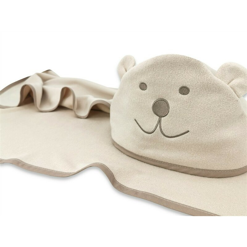Prosop cu gluga, Qmini, Mare, Cu broderie si urechi, Dimensiune 100x100 cm, Din tricot termo-terry din bambus, Materiale certificate Oeko Tex Standard 100, Teddy Bear Beige [1]