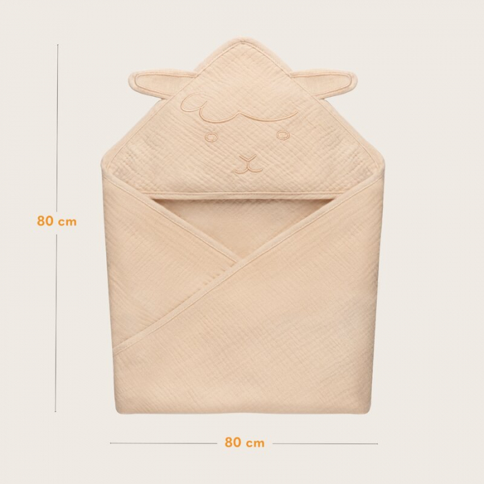 Prosop de baie, Lionelo, Cu gluga, Din muselina, 100% bumbac, 80x80 cm, Absorbtie eficienta, Bej deschis [9]