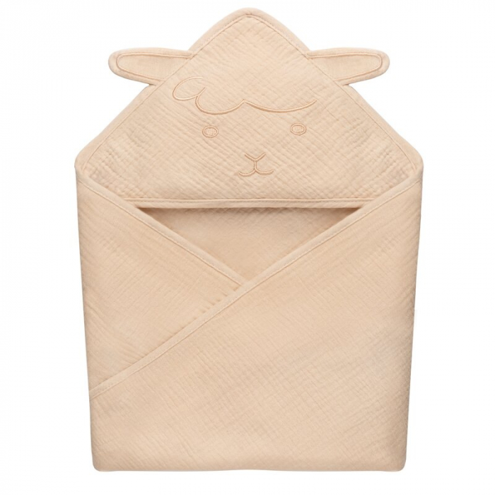 Prosop de baie, Lionelo, Cu gluga, Din muselina, 100% bumbac, 80x80 cm, Absorbtie eficienta, Bej deschis [1]