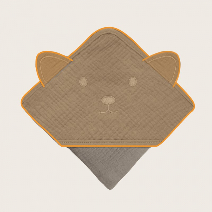 Prosop de baie, Lionelo, Cu gluga, Din muselina, 100% bumbac, 80x80 cm, Absorbtie eficienta, Bej inchis [7]