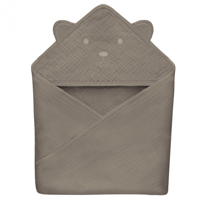 Prosop de baie, Lionelo, Cu gluga, Din muselina, 100% bumbac, 80x80 cm, Absorbtie eficienta, Bej inchis [1]