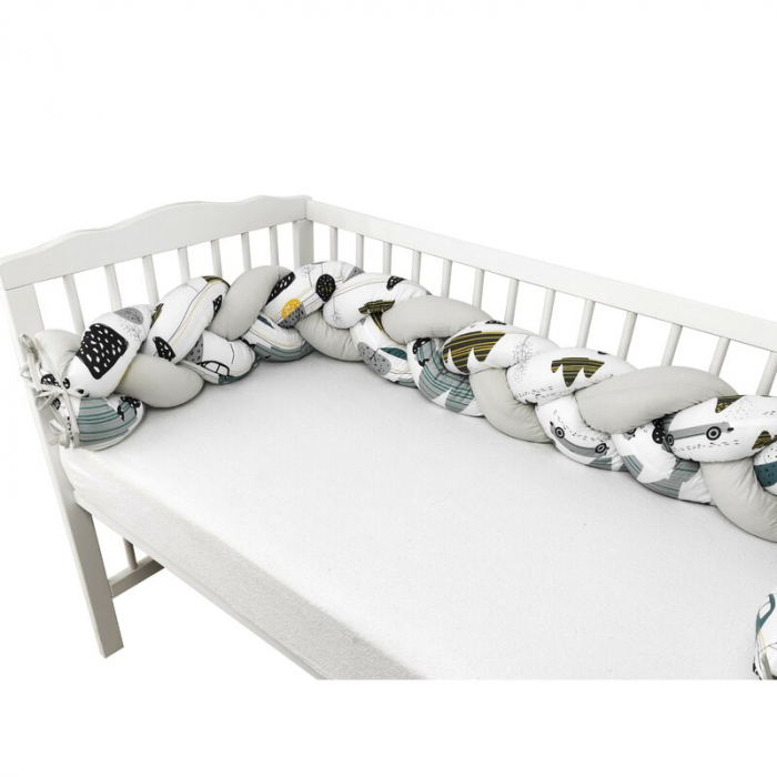 Protectie laterala, MimiNu, Pentru patut bebe, Tip Bumper impletit, Din bumbac, Din materiale certificate Oeko Tex Standard 100, Lungime 220 cm, Childrens Journey Grey  [4]