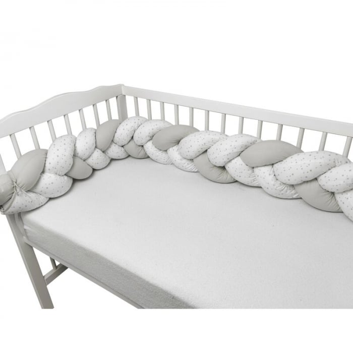 Protectie laterala, MimiNu, Pentru patut bebe, Tip Bumper impletit, Din bumbac, Din materiale certificate Oeko Tex Standard 100, Lungime 220 cm, Mini Gray Stars [4]