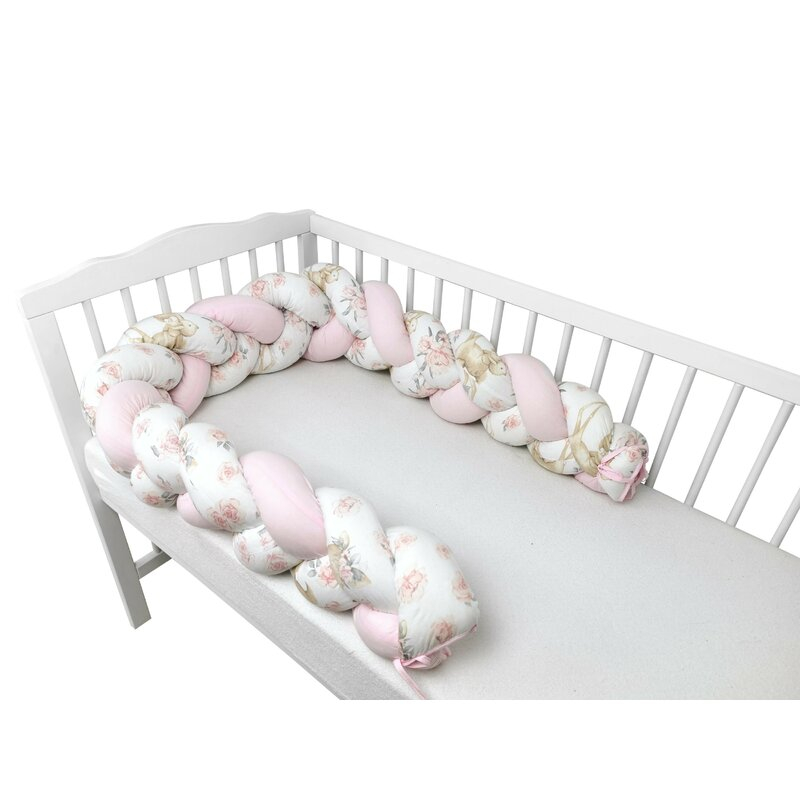 Protectie laterala, MimiNu, Pentru patut bebe, Tip Bumper impletit, Din bumbac, Din materiale certificate Oeko Tex Standard 100, Lungime 220 cm, Sweet Deer Pink [1]