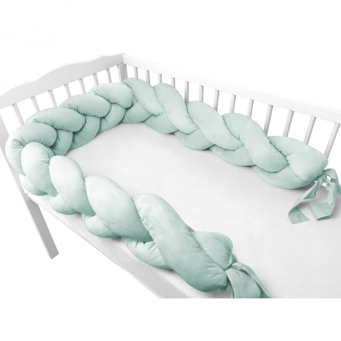 Protectie laterala, MimiNu, Pentru patut, Tip Bumper impletit, Din catifea, 220x23 cm, Cold Mint [3]