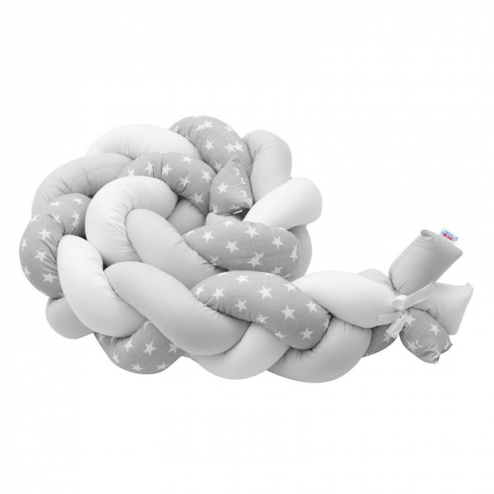 Protectie laterala, New Baby, Pentru patut, Tip Bumper impletit, Din bumbac, Din materiale certificate Oeko Tex Standard 100, Lungime 225 cm, Stars grey/white [4]