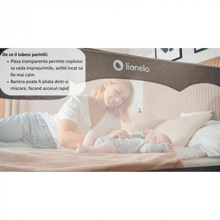 Protectie laterala pat, Lionelo, Hanna, Cu buzunar accesorii, 150x66 cm, Conform cu standardul european de securitate BS7072, Bej [13]