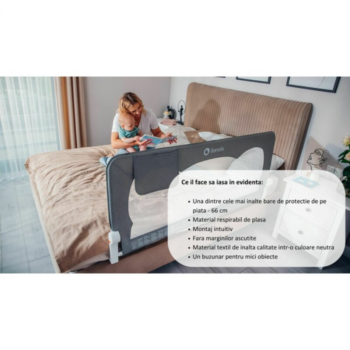 Protectie laterala pat, Lionelo, Hanna, Cu buzunar accesorii, 150x66 cm, Conform cu standardul european de securitate BS7072, Bej [14]