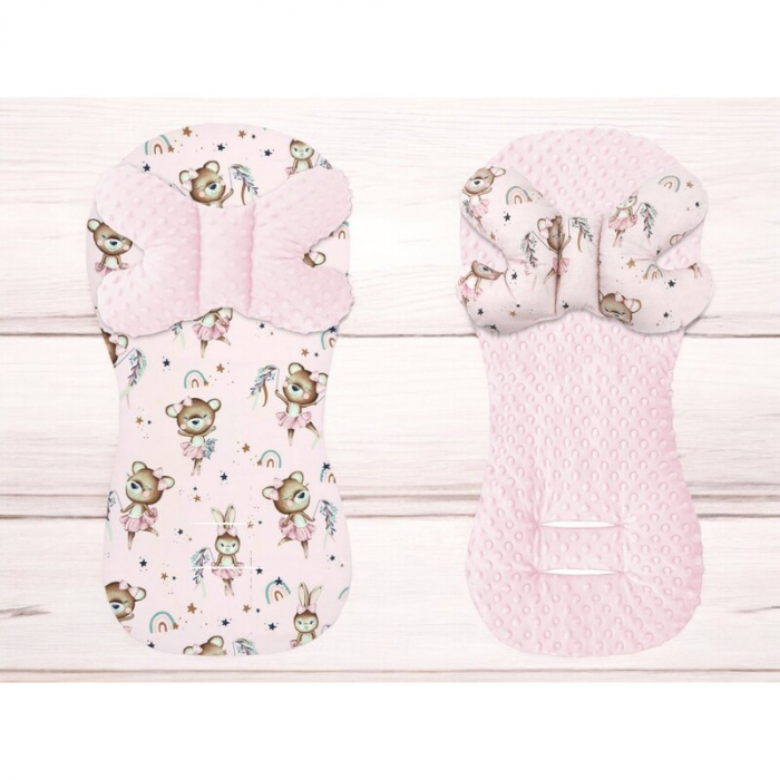 Protectie textila, MimiNu, Pentru carucior, scaun auto si scaun de bicicleta, Cu perna Butterfly, Materiale certificate Oeko Tex Standard 100, Minky Little Ballerina Pink [2]
