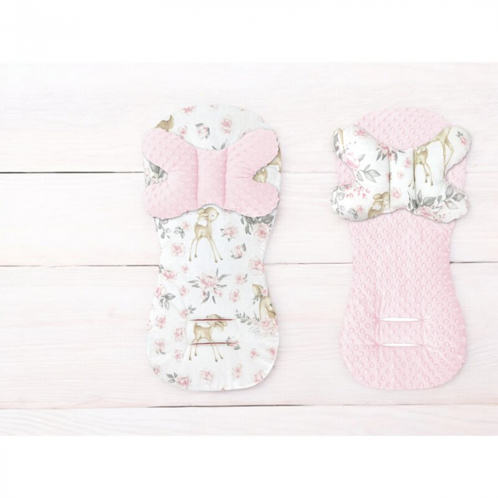 Protectie textila, MimiNu, Pentru carucior, scaun auto si scaun de bicicleta, Cu perna Butterfly, Materiale certificate Oeko Tex Standard 100, Minky Sweet Deer Pink [2]