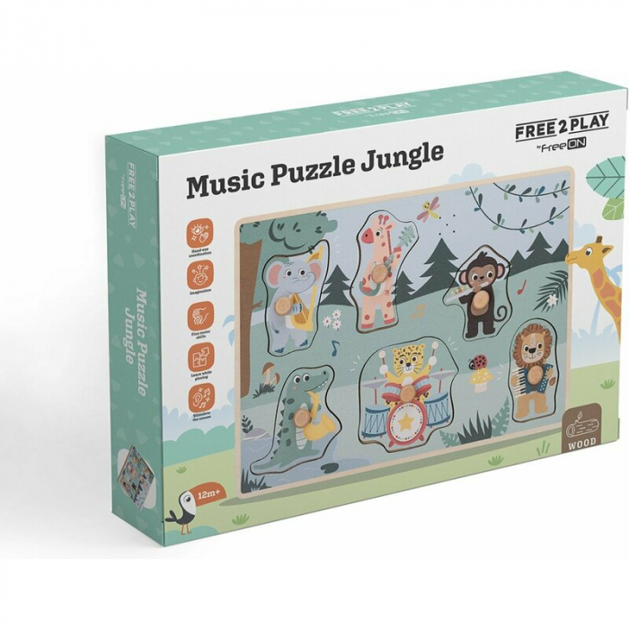 Puzzle muzical din lemn, Free2Play, Cu animalute din jungla, Cu sunete, Cu maner, Stimuleaza simturile, invatarea prin joc si imaginatia, 30x21,5x3,5 cm, Jungle [9]