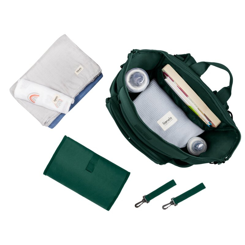 Rucsac impermeabil pentru mamici, Lionelo, Cube, Cu 12 compartimente si salteluta de schimbat, Cu prindere universala de carucior, 36 x 36 x 23 cm, Verde [4]