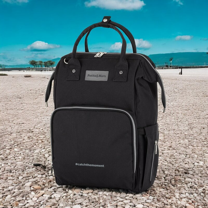 Rucsac pentru mamici, Petite&Mars, Cu 11 compartimente, Cu buzunare termice, Saltea de infasat inclusa, 30 x 42 x 15 cm, Jack, Black [4]