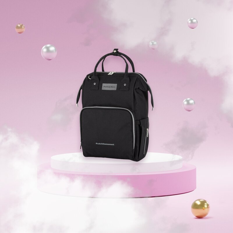 Rucsac pentru mamici, Petite&Mars, Cu 11 compartimente, Cu buzunare termice, Saltea de infasat inclusa, 30 x 42 x 15 cm, Jack, Black [2]