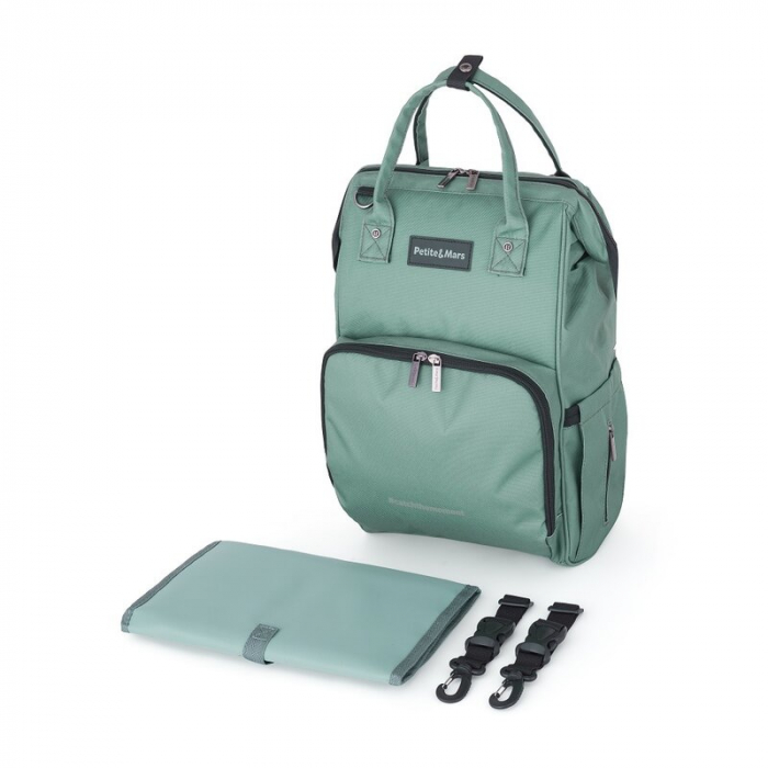 Rucsac pentru mamici, Petite&Mars, Jack, Cu 11 compartimente, Cu buzunare termice, Saltea de infasat inclusa, 30 x 42 x 15 cm, Misty Green [5]