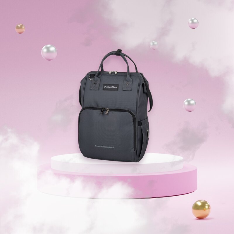 Rucsac pentru mamici, Petite&Mars, Jack, Cu 11 compartimente, Cu buzunare termice, Saltea de infasat inclusa, 30 x 42 x 15 cm, Ultimate Grey [2]