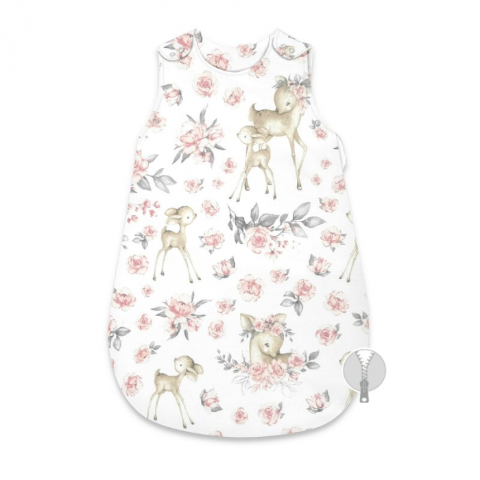Sac de dormit, MimiNu, Pentru bebelusi, De iarna, Din bumbac certificat Oeko Tex Standard 100, Cu fermoar lateral, Cu capse pe umar, 70 cm, 0 - 6 luni, 2.5 Tog, Sweet Deer Pink [1]