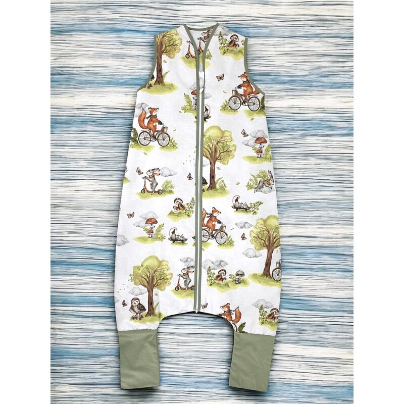 Sac de dormit, Qmini, Cu picioruse, De iarna, Din bumbac certificat Oeko Tex Standard 100, Cu fermoar, 103 cm, M, Fox on bikes Natural [2]