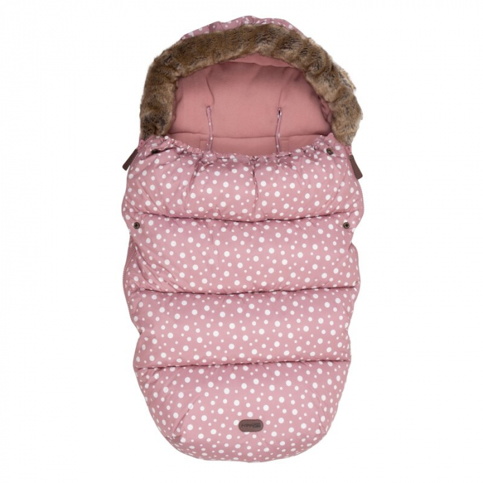 Sac de iarna, FreeON, Pentru carucior, Polar, 100x55 cm, Impermeabil, Cu guler detasabil din blanita, Cu fleece in interior, Pink Dots [1]