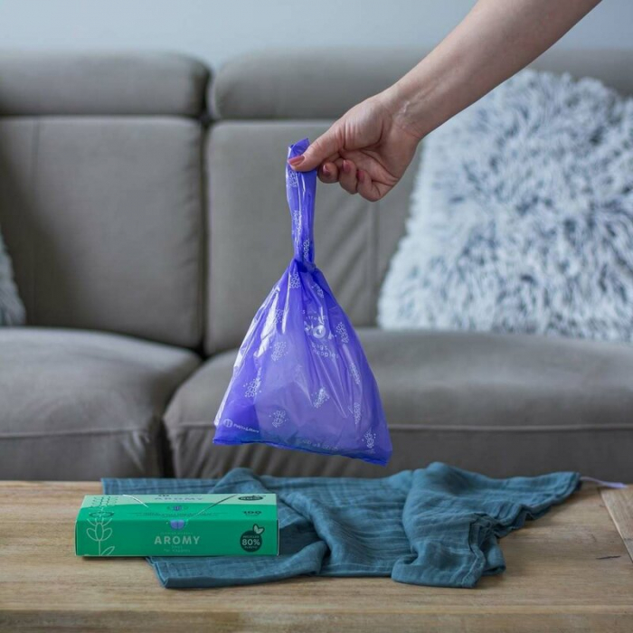 Saci parfumati, Petite&Mars, Pentru scutece, Aromy, Cu miros de lavanda, Rezistenti, Manere lungi, 100 bucati, Mov [6]