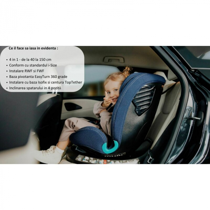Scaun auto, Lionelo, Bastiaan One i-Size, 4 in 1, Protectie laterala, Cu spatar inclinabil in 4 pozitii, Cu tetiera reglabila in 13 pozitii, Rotire 360 grade, Top Tether, 0-36 Kg, 40-150 cm, Cu Isofix [29]
