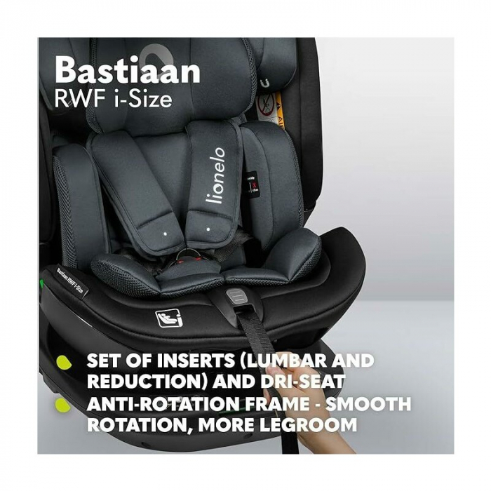 Scaun auto, Lionelo, Bastiaan RWF i-Size, Pozitie de somn, Protectie laterala, Rotire 360 grade, 0-36 Kg, Cu Isofix si Centura Top Tether, Conform cu standardul european de securitate ECE R129, Gri [43]