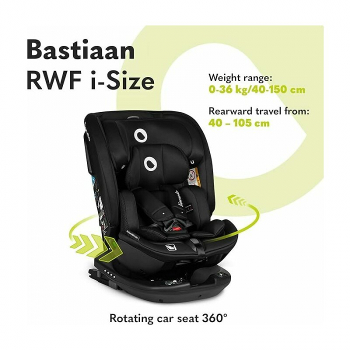 Scaun auto, Lionelo, Bastiaan RWF i-Size, Pozitie de somn, Protectie laterala, Rotire 360 grade, 0-36 Kg, Cu Isofix si Centura Top Tether, Conform cu standardul european de securitate ECE R129, Negru [41]