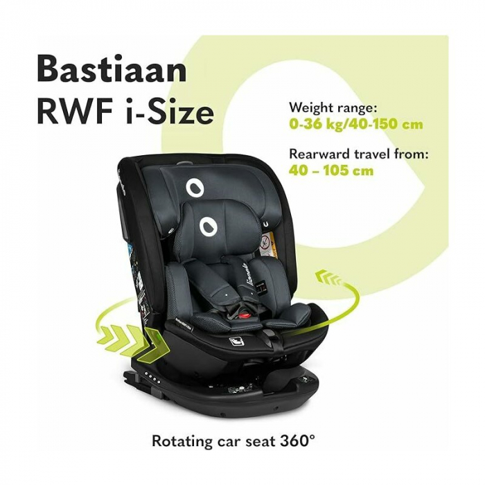 Scaun auto, Lionelo, Bastiaan RWF i-Size, Pozitie de somn, Protectie laterala, Rotire 360 grade, 0-36 Kg, Cu Isofix si Centura Top Tether, Conform cu standardul european de securitate ECE R129, Gri [40]