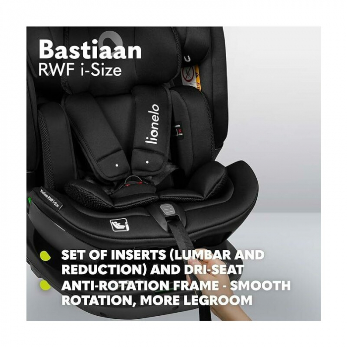 Scaun auto, Lionelo, Bastiaan RWF i-Size, Pozitie de somn, Protectie laterala, Rotire 360 grade, 0-36 Kg, Cu Isofix si Centura Top Tether, Conform cu standardul european de securitate ECE R129, Negru [45]