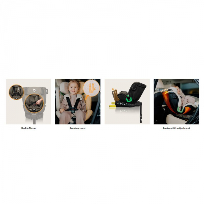 Scaun auto, Lionelo, Harmony i-Size, Rotire 360 grade, Protectie laterala, Cu spatar reglabil in 5 pozitii, Cu tetiera reglabila in 12 pozitii, 0-36 Kg, 40-150 cm, Cu Isofix, Husa din bambus, Conform  [76]