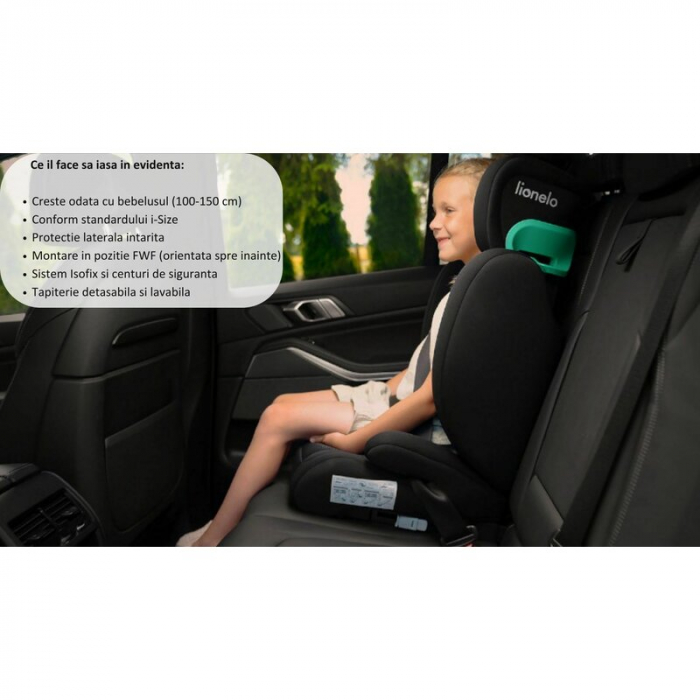 Scaun auto, Lionelo, Hugo i-Size, Universal, Orientare in directia sensului de mers, Reglabil, Conform standardului de securitate R129, 100-150 cm, 4-12 ani, Negru [29]