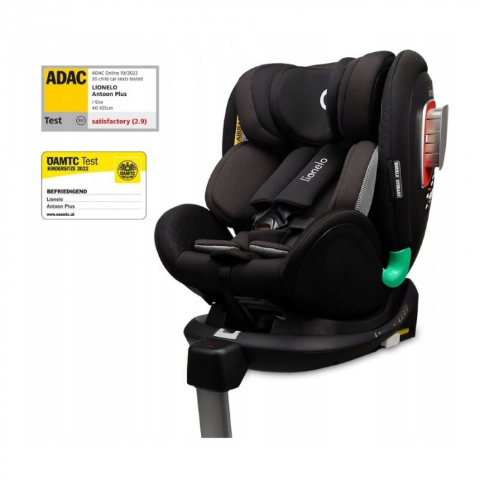 Scaun auto, Lionelo, I-size Antoon Plus, Pozitie de somn, Protectie laterala, Rotire 360 grade, 0-18 kg, Cu Isofix si picior de sustinere, Negru, Testat ADAC, Conform cu standardul european de securit [1]