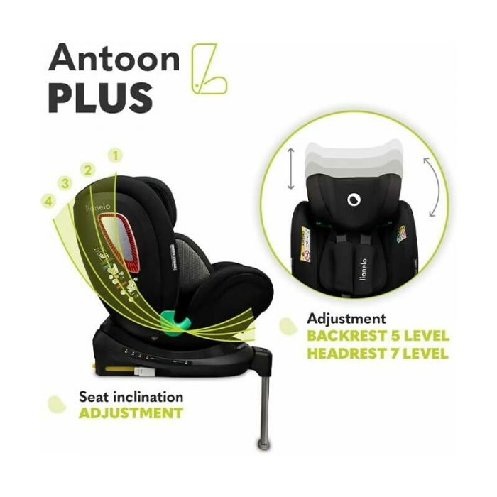 Scaun auto, Lionelo, I-size Antoon Plus, Pozitie de somn, Protectie laterala, Rotire 360 grade, 0-18 kg, Cu Isofix si picior de sustinere, Negru, Testat ADAC, Conform cu standardul european de securit [36]