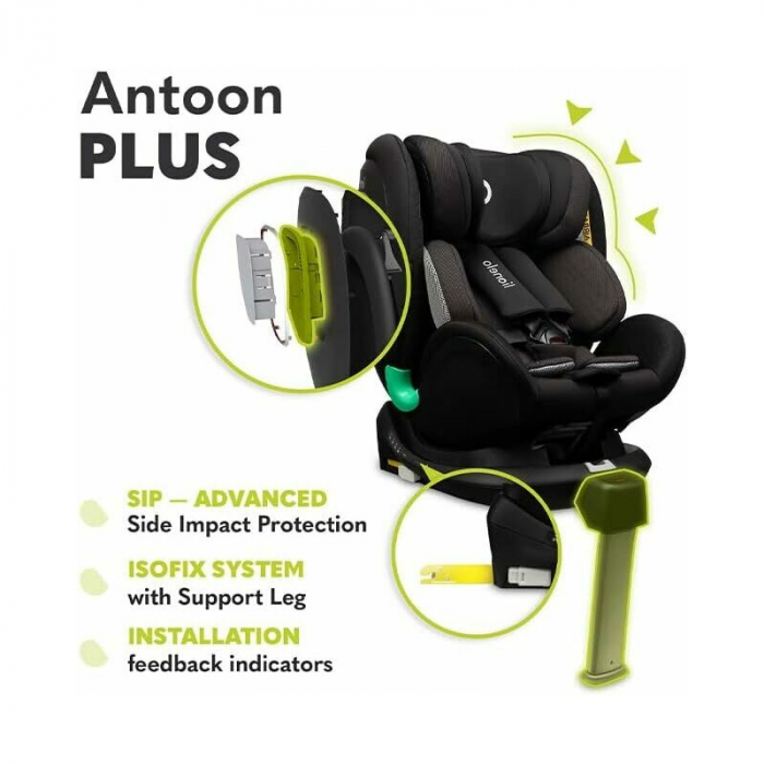 Scaun auto, Lionelo, I-size Antoon Plus, Pozitie de somn, Protectie laterala, Rotire 360 grade, 0-18 kg, Cu Isofix si picior de sustinere, Negru, Testat ADAC, Conform cu standardul european de securit [34]