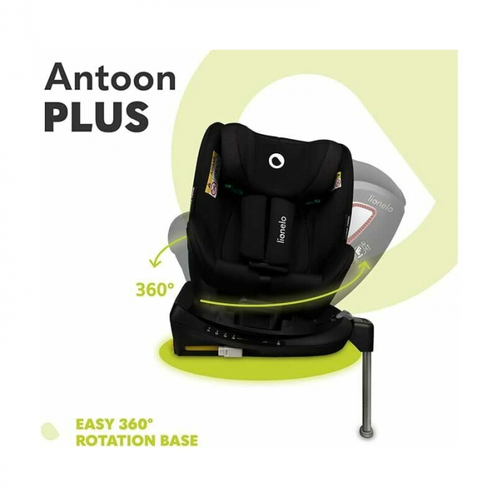Scaun auto, Lionelo, I-size Antoon Plus, Pozitie de somn, Protectie laterala, Rotire 360 grade, 0-18 kg, Cu Isofix si picior de sustinere, Negru, Testat ADAC, Conform cu standardul european de securit [33]
