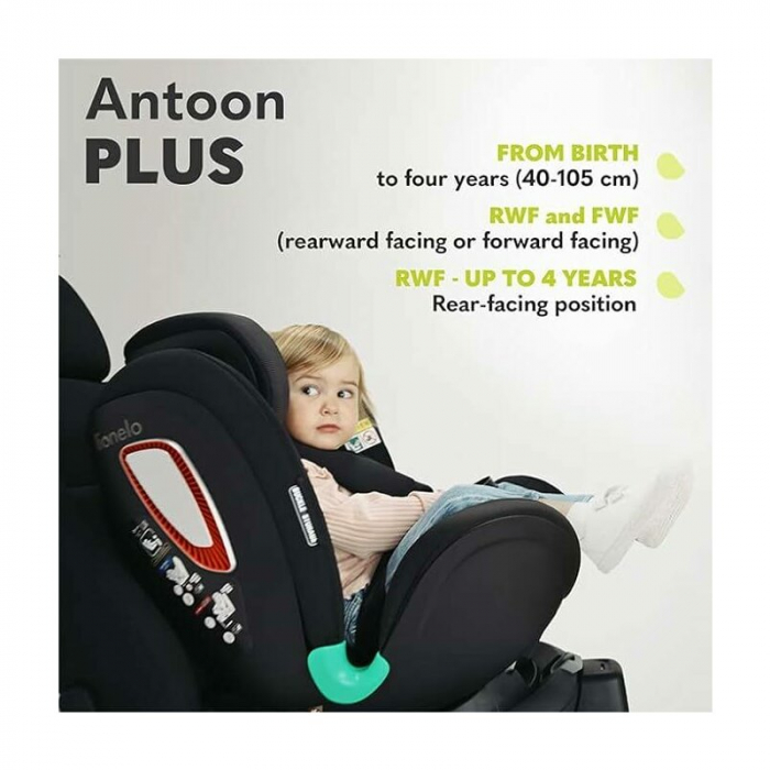 Scaun auto, Lionelo, I-size Antoon Plus, Pozitie de somn, Protectie laterala, Rotire 360 grade, 0-18 kg, Cu Isofix si picior de sustinere, Negru, Testat ADAC, Conform cu standardul european de securit [35]